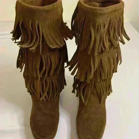 Vintage 90’s Minnetonka 3 Layer Fringe Festival Boho Western Suede  Boots size 8 - Picture 11 of 13